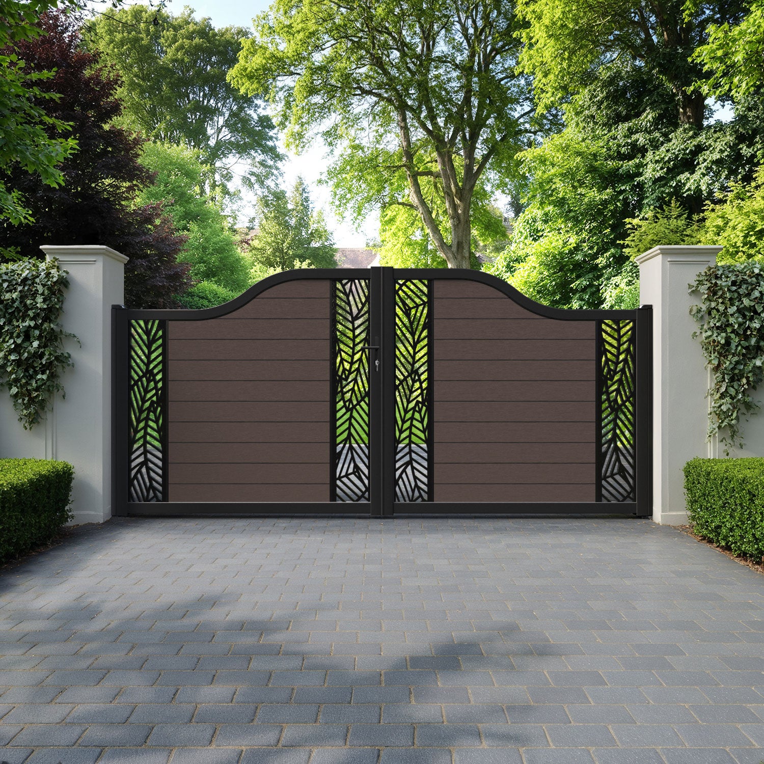 Fusion Habitat Curved Top Driveway Gate - Mid Brown - Middle & End Screen