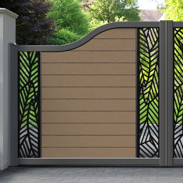 Fusion Habitat Curved Top Driveway Gate - Teak - Middle & End Screen