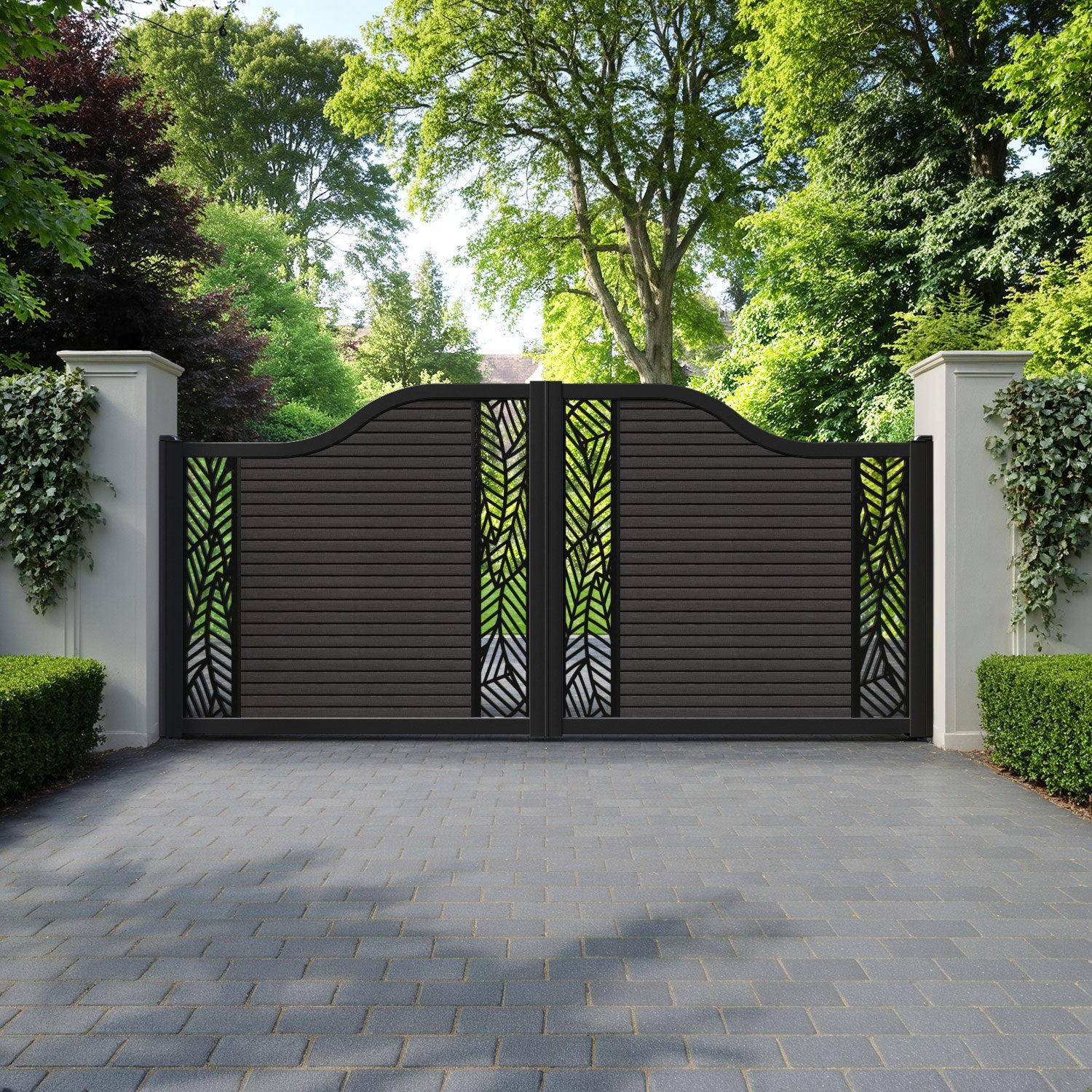 Hudson Habitat Curved Top Driveway Gate - Dark Oak - Middle & End Screen