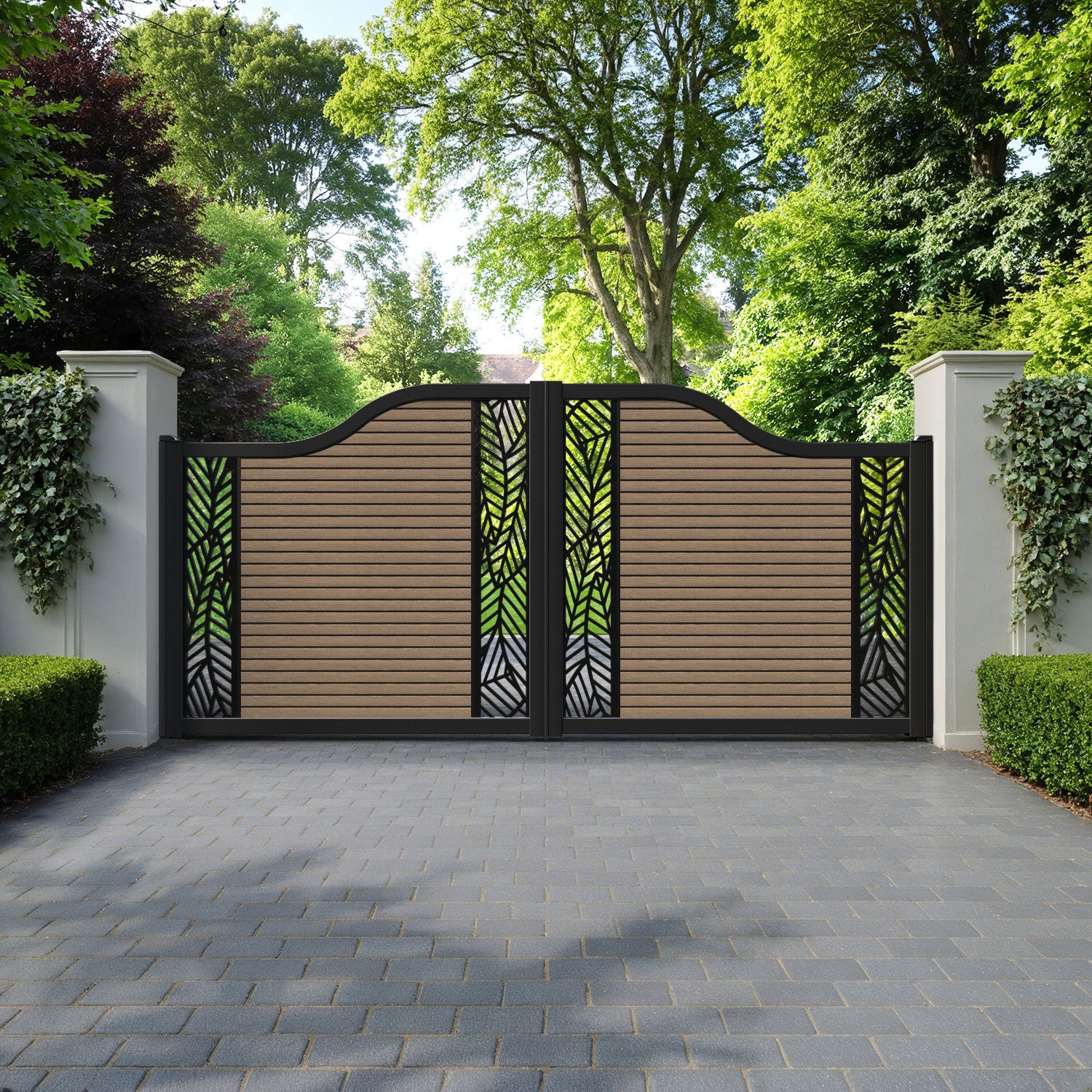 Hudson Habitat Curved Top Driveway Gate - Teak - Middle & End Screen