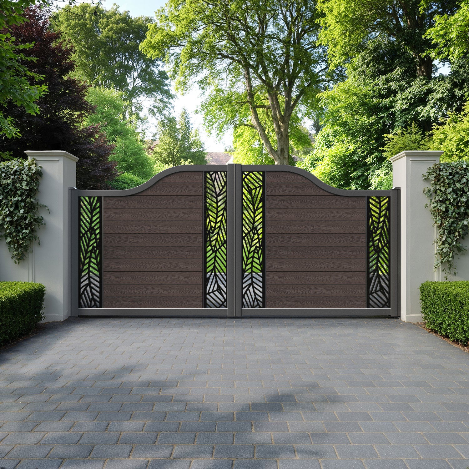 Classic Habitat Curved Top Driveway Gate - Mid Brown - Middle & End Screen