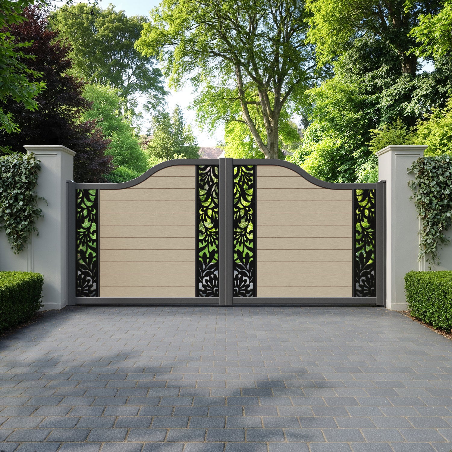 Fusion Heritage Curved Top Driveway Gate - Light Oak - Middle & End Screen
