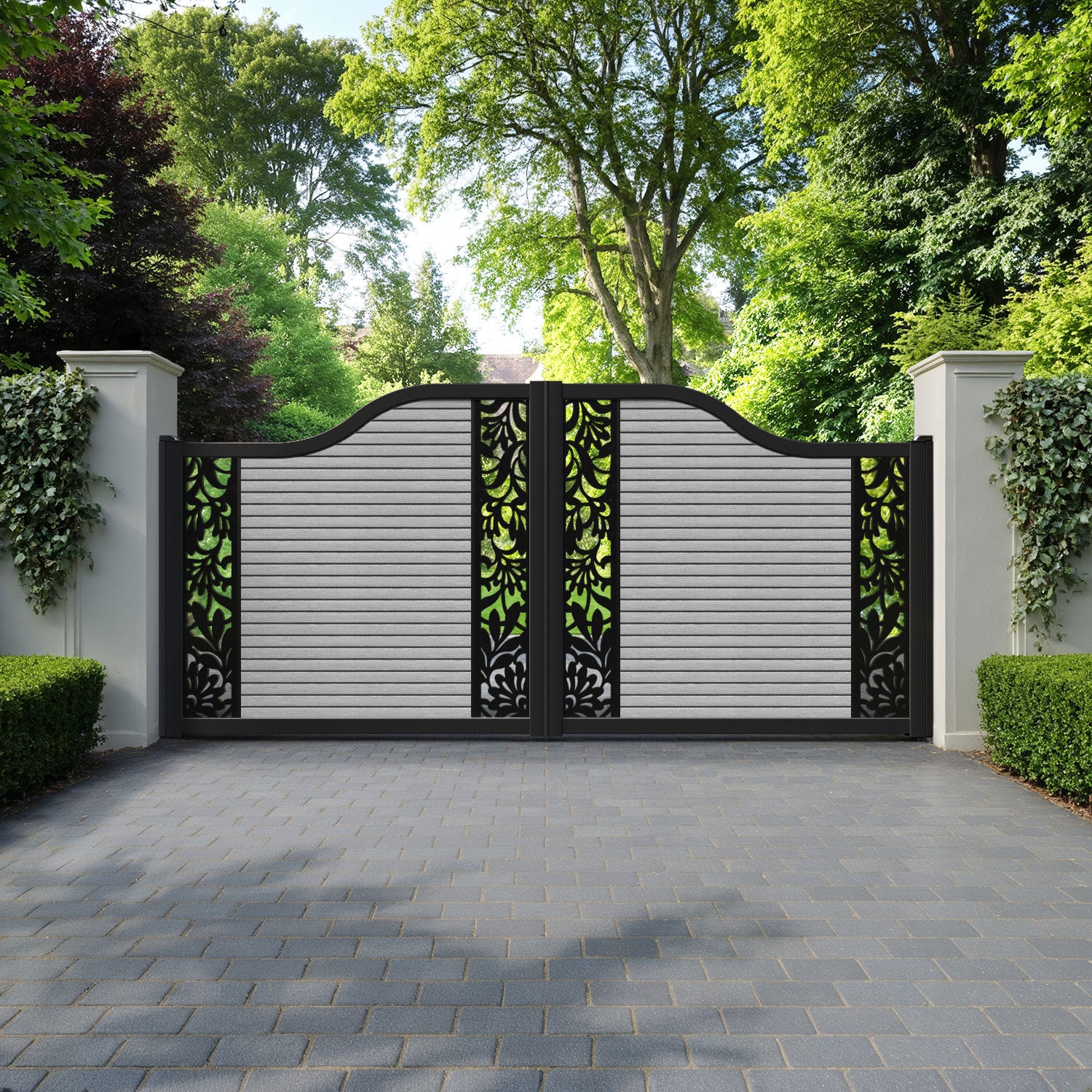Hudson Heritage Curved Top Driveway Gate - Light Grey - Middle & End Screen