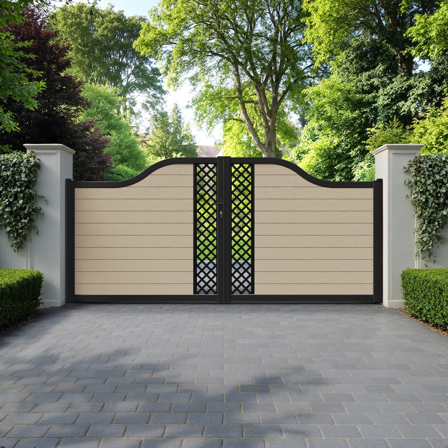 Fusion Hive Curved Top Driveway Gate - Light Oak - Middle Screen