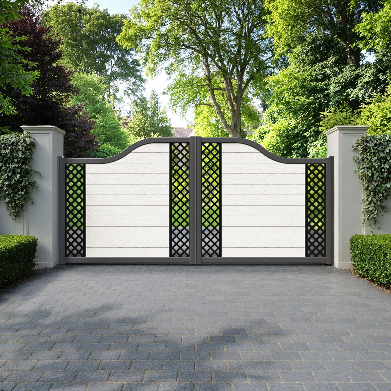 Fusion Hive Curved Top Driveway Gate - Light Stone - Middle & End Screen
