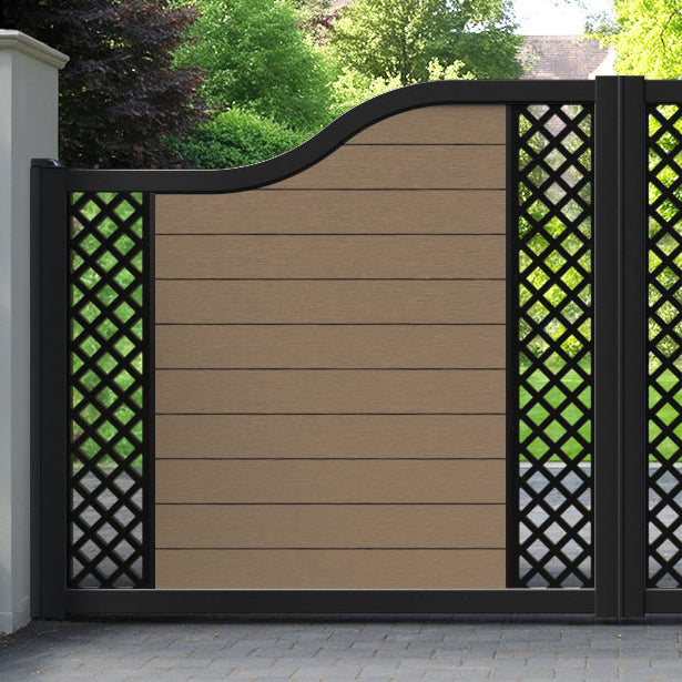 Fusion Hive Curved Top Driveway Gate - Teak - Middle & End Screen