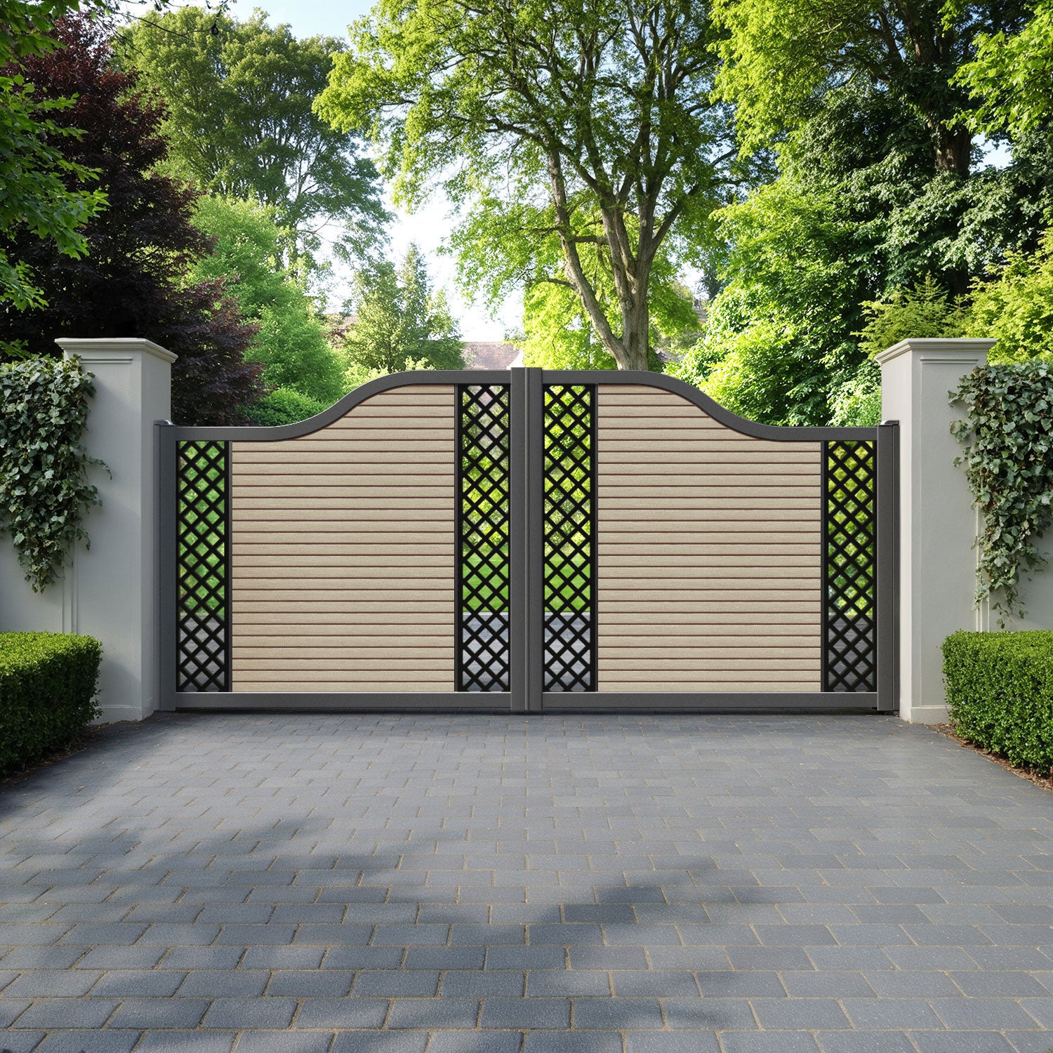Hudson Hive Curved Top Driveway Gate - Light Oak- Middle & End Screen
