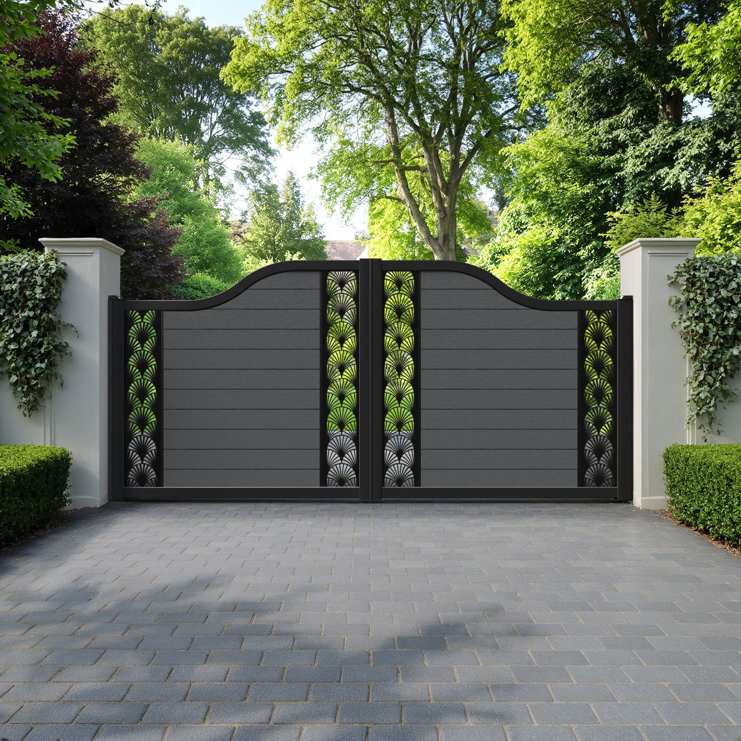 Fusion Laurel Curved Top Driveway Gate - Dark Grey - Middle & End Screen