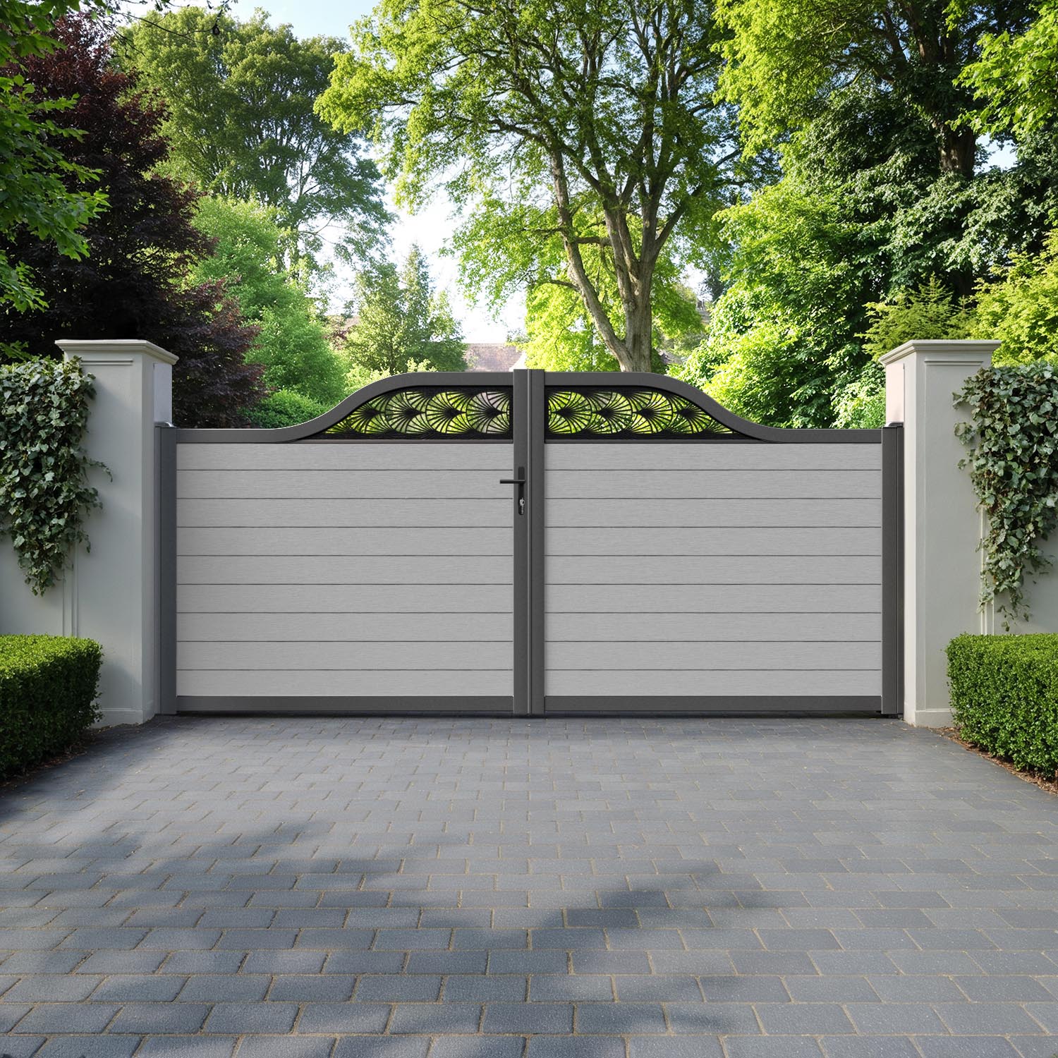 Fusion Laurel Curved Top Driveway Gate - Light Grey - Top Screen