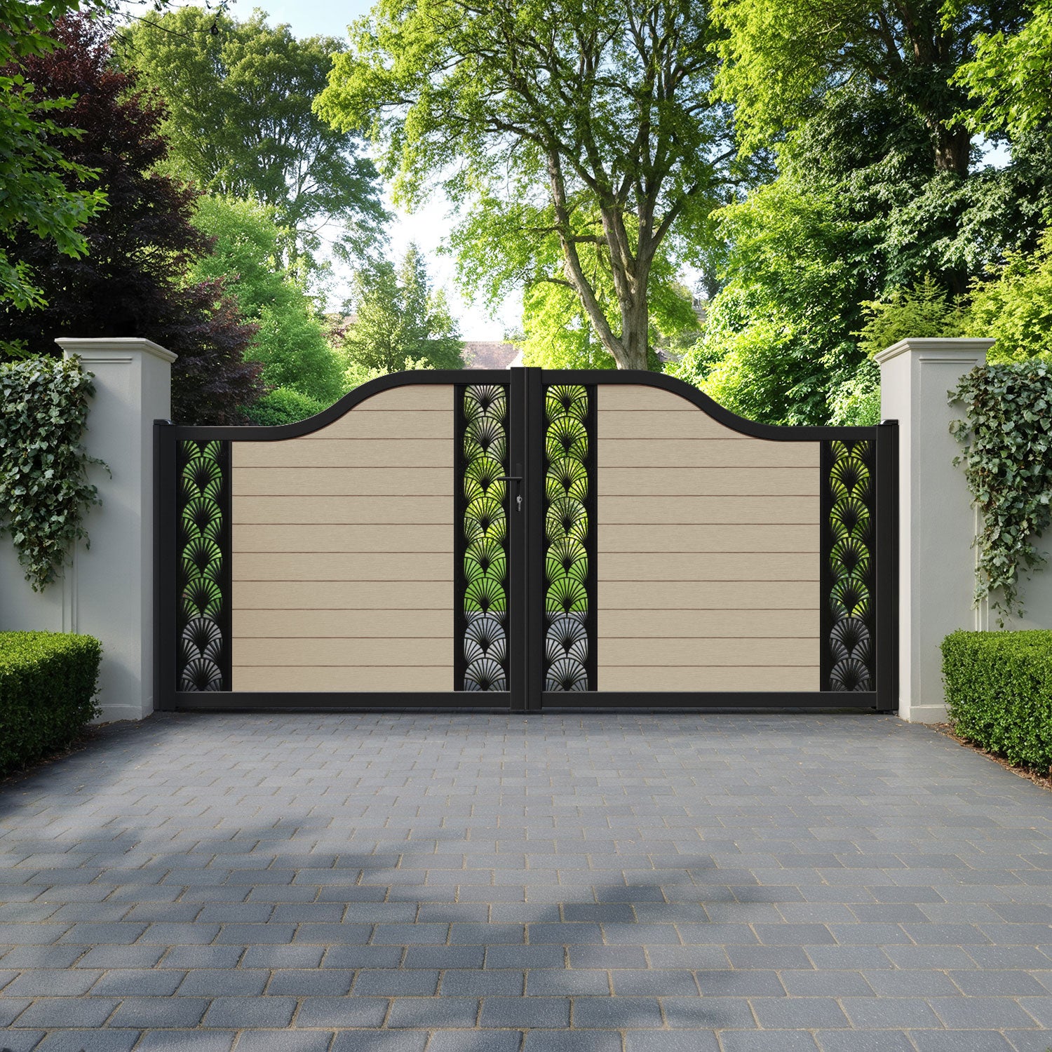 Fusion Laurel Curved Top Driveway Gate - Light Oak - Middle & End Screen