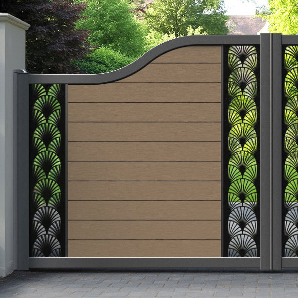 Fusion Laurel Curved Top Driveway Gate - Teak - Middle & End Screen