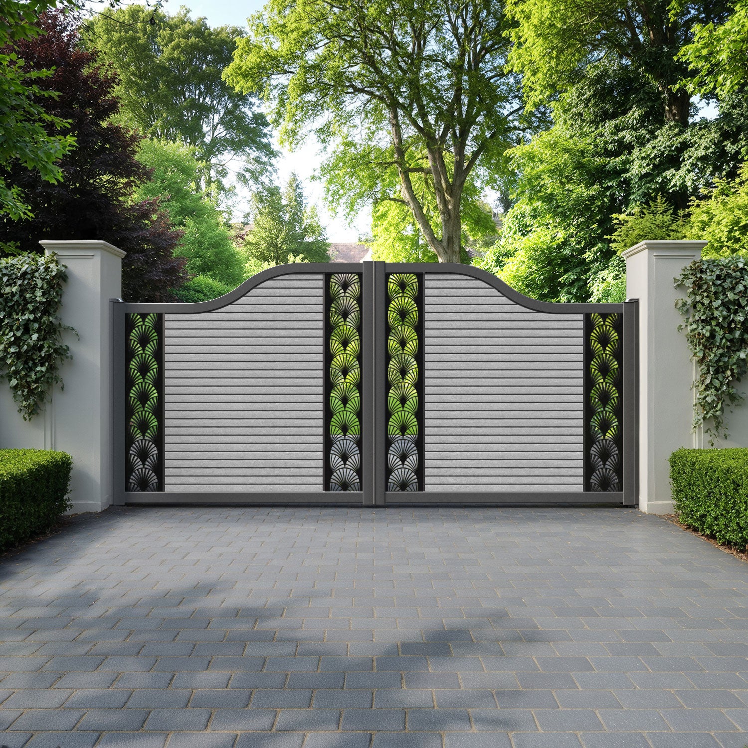 Hudson Laurel Curved Top Driveway Gate - Light Grey - Middle & End Screen