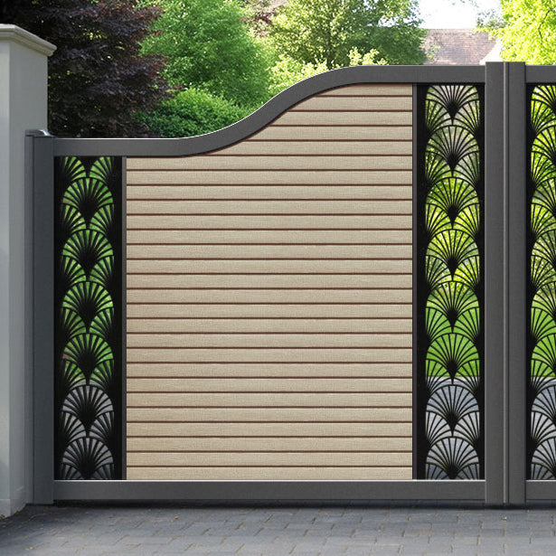 Hudson Laurel Curved Top Driveway Gate - Light Oak - Middle & End Screen
