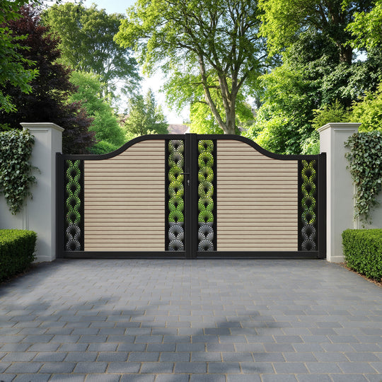 Hudson Laurel Curved Top Driveway Gate - Light Oak - Middle & End Screen