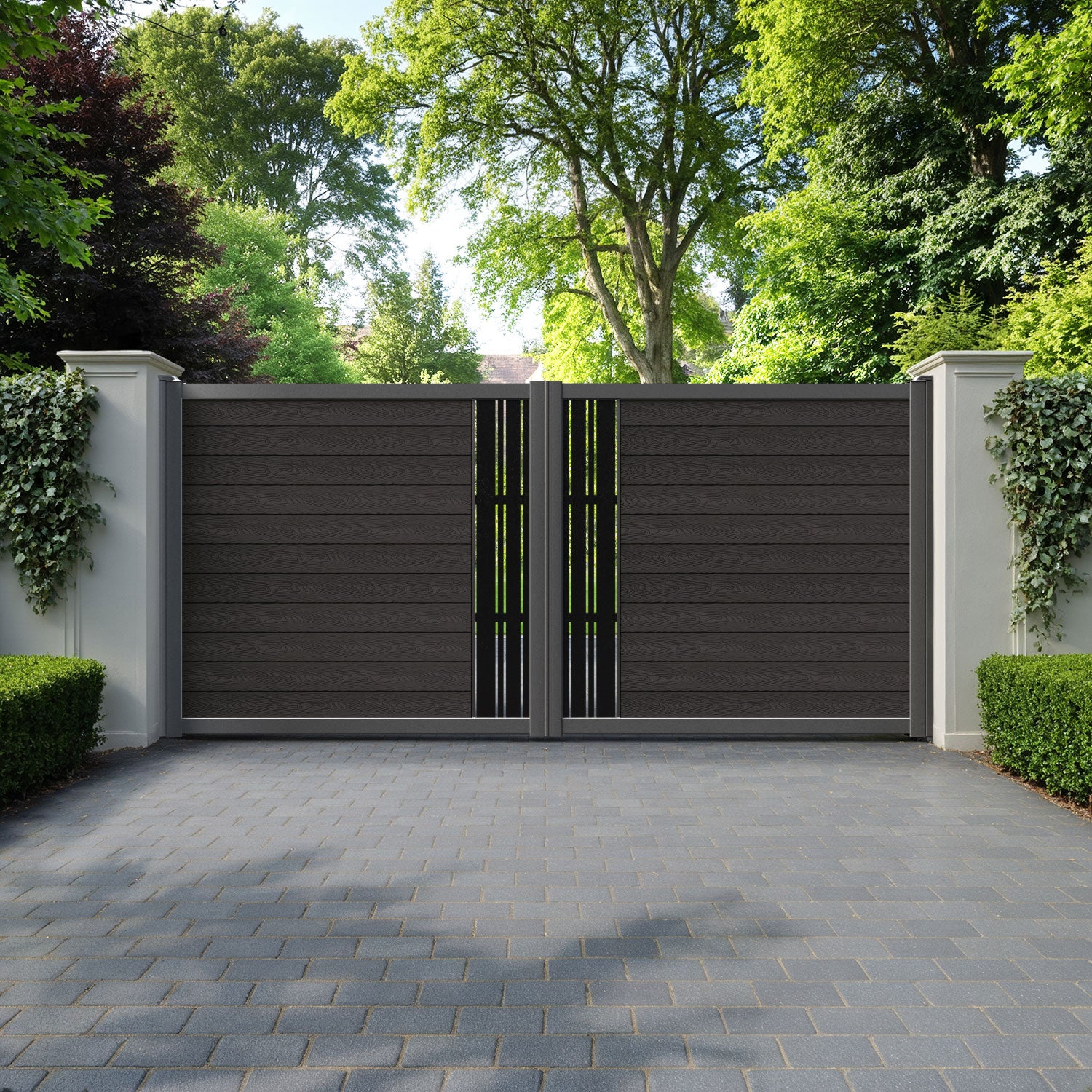Classic Linea Straight Top Driveway Gate - Dark Oak - Middle Screen
