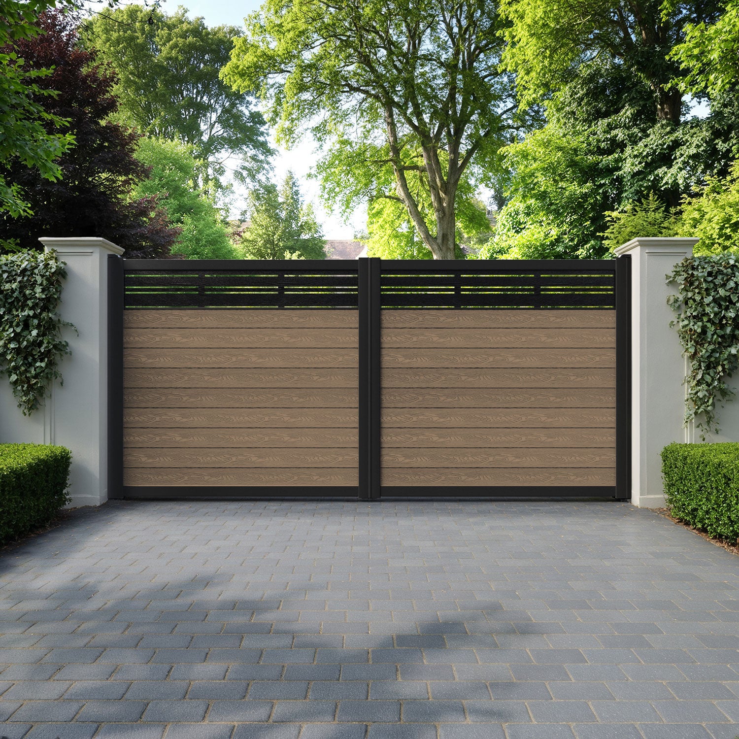 Classic Linea Straight Top Driveway Gate - Teak - Top Screen