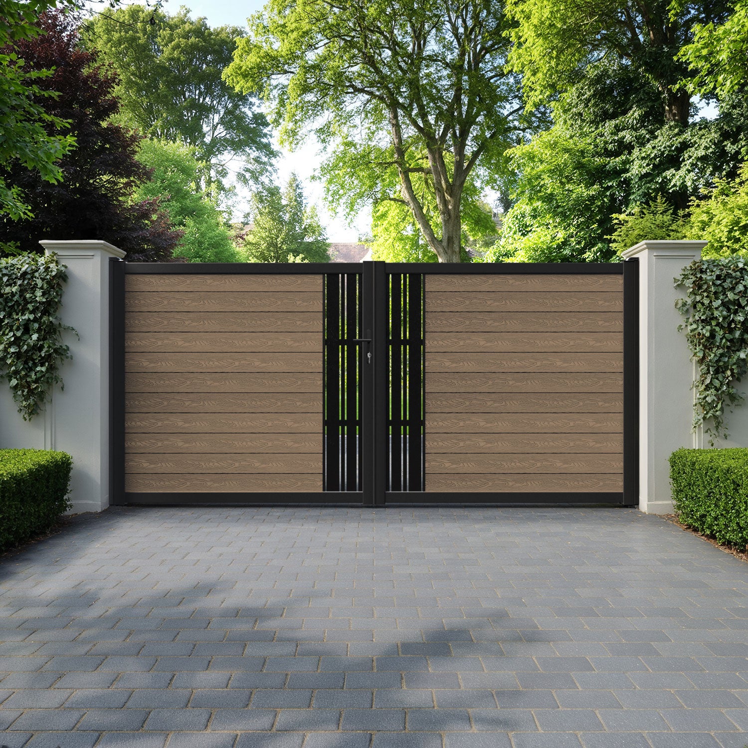 Classic Linea Straight Top Driveway Gate - Teak - Middle Screen