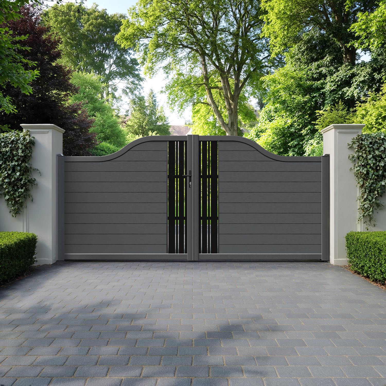 Fusion Linea Curved Top Driveway Gate - Dark Grey - Middle Screen