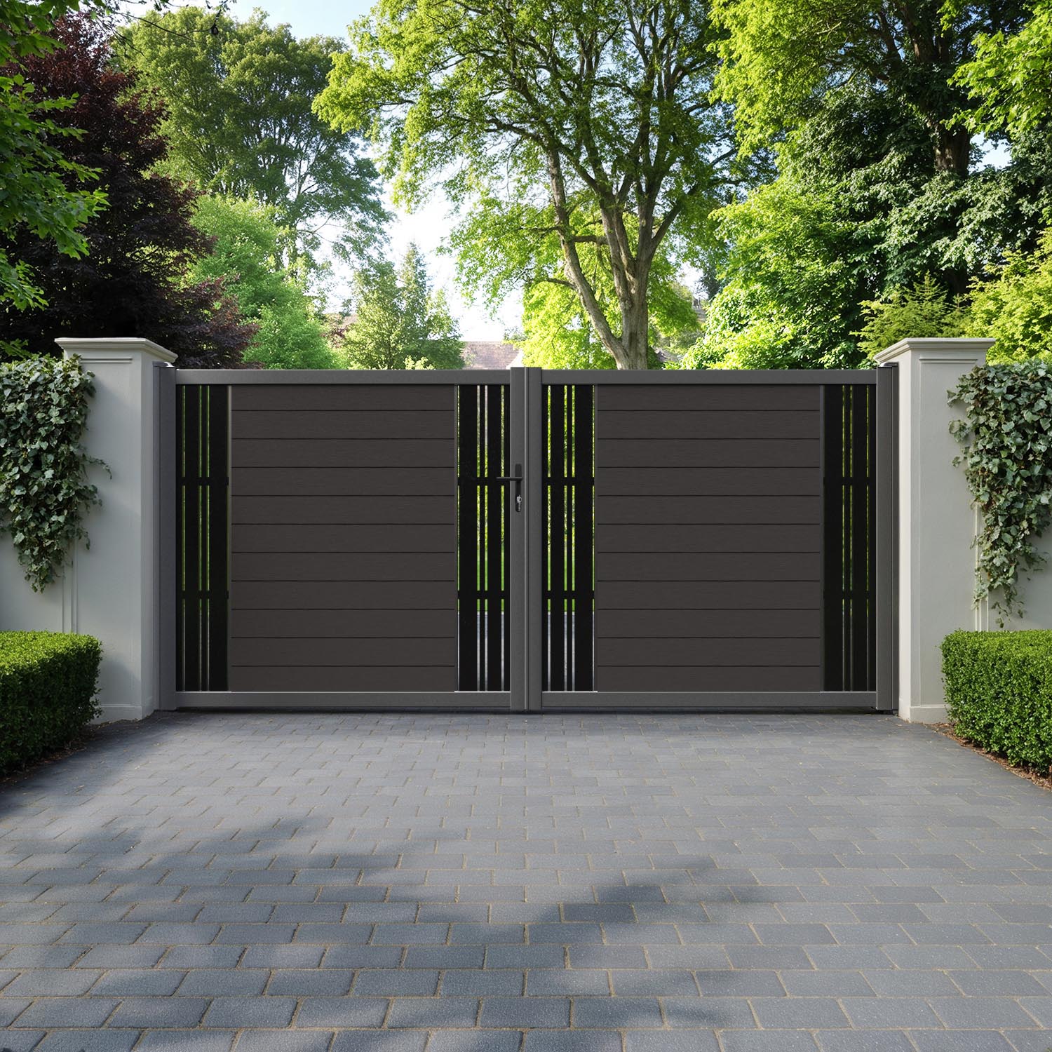 Fusion Linea Straight Top Driveway Gate - Dark Oak - Middle & End Screen
