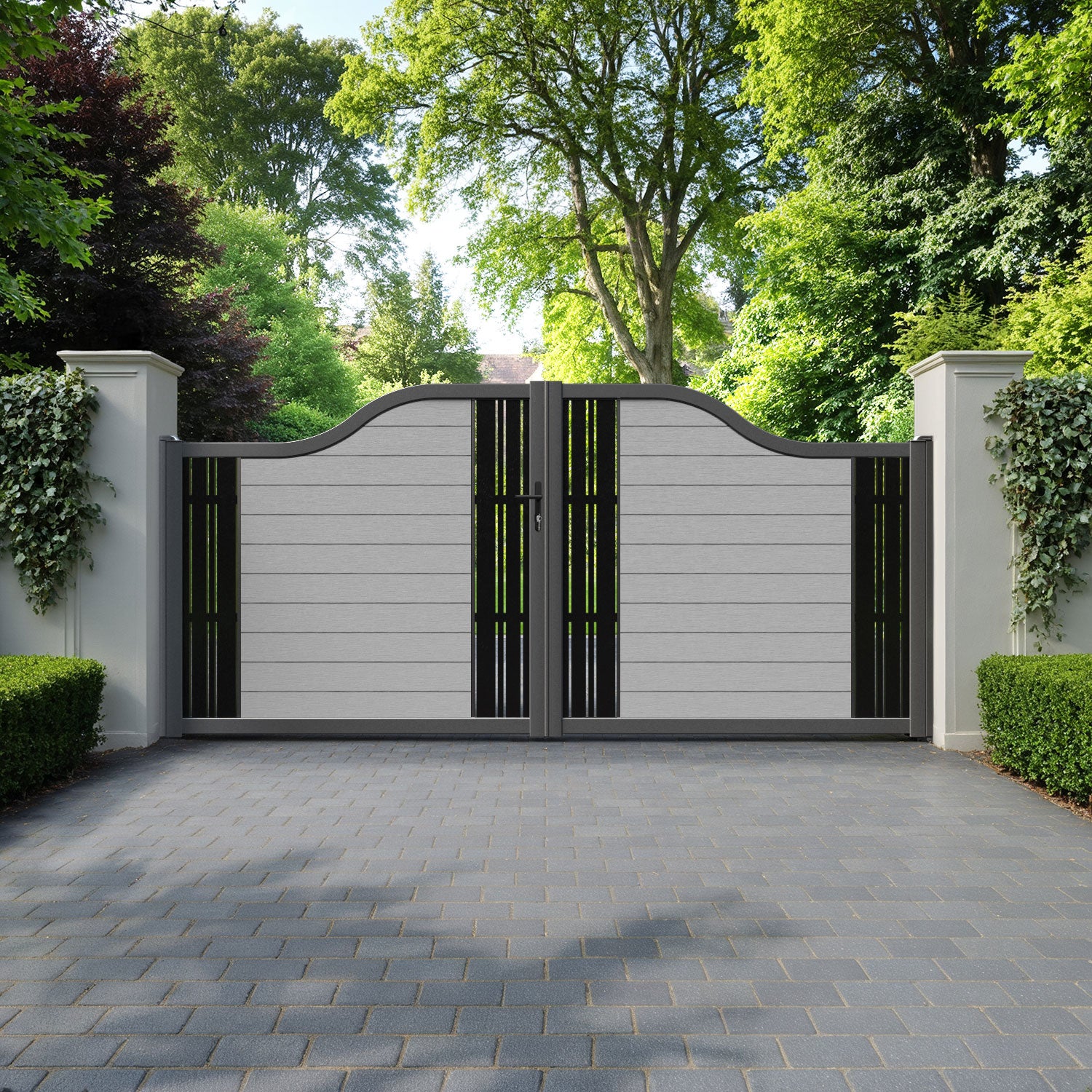 Fusion Linea Curved Top Driveway Gate - Light Grey - Middle & End Screen