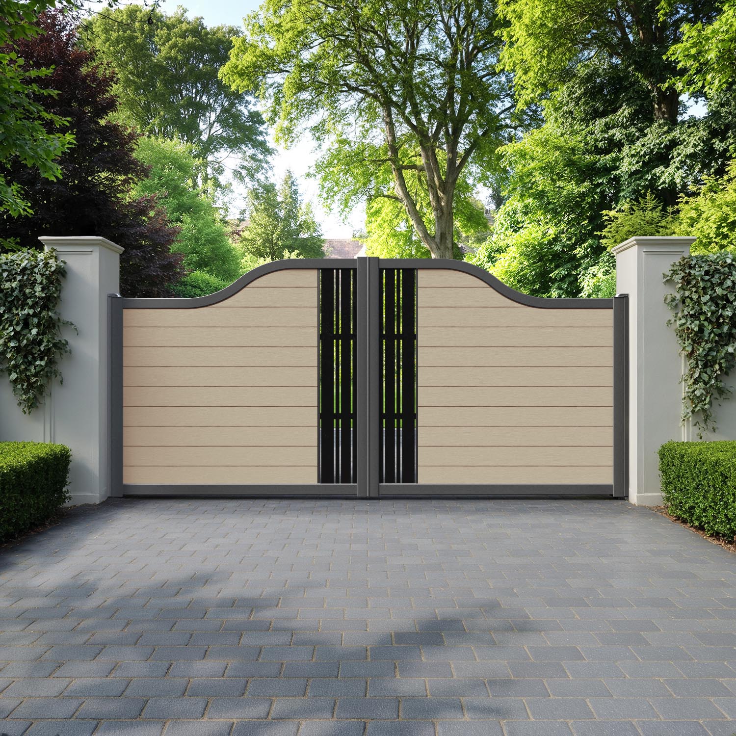 Fusion Linea Curved Top Driveway Gate - Light Oak - Middle Screen
