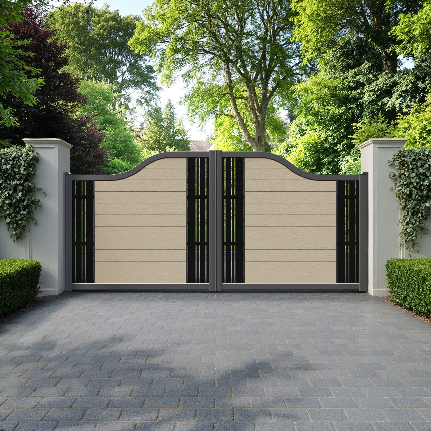 Fusion Linea Curved Top Driveway Gate - Light Oak - Middle & End Screen