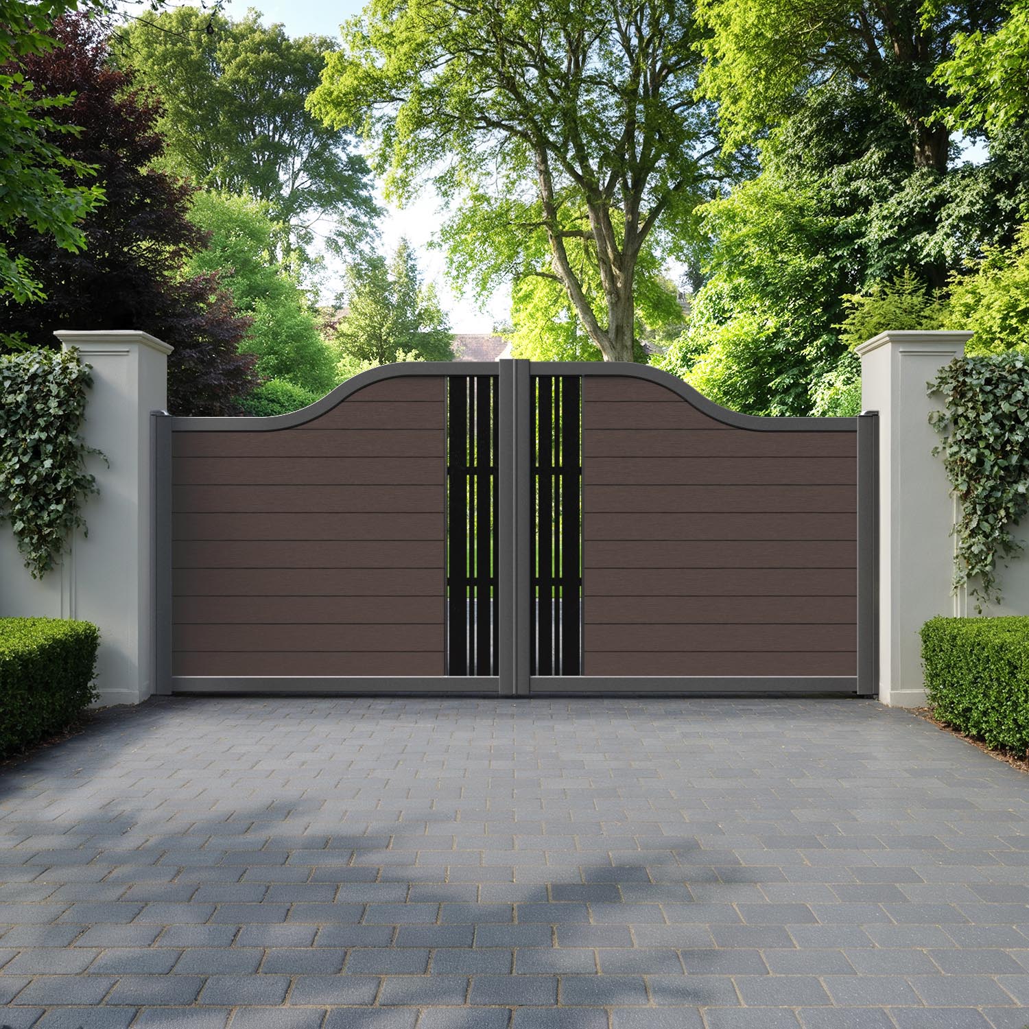 Fusion Linea Curved Top Driveway Gate - Mid Brown - Middle Screen