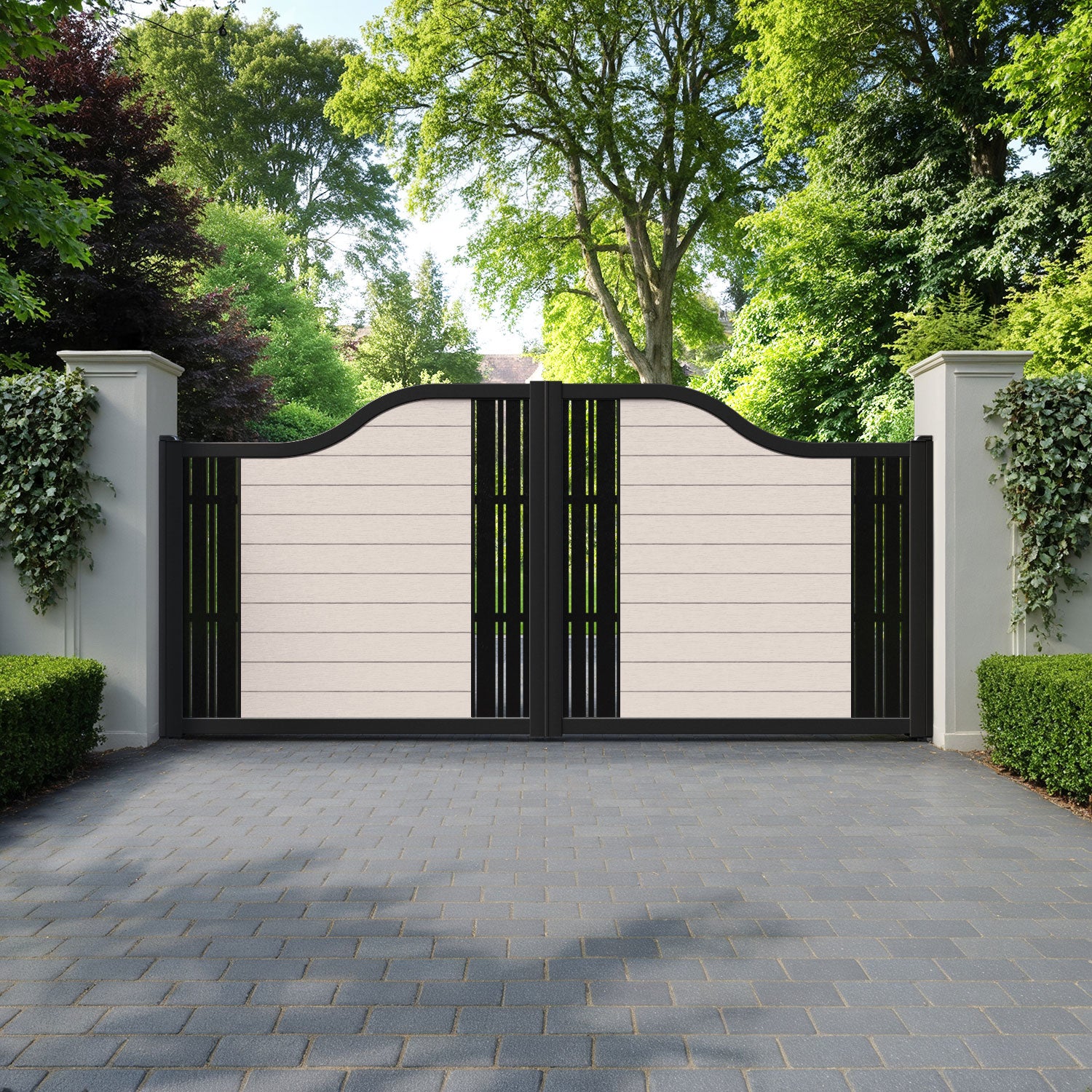 Fusion Linea Curved Top Driveway Gate - Mid Stone - Middle & End Screen