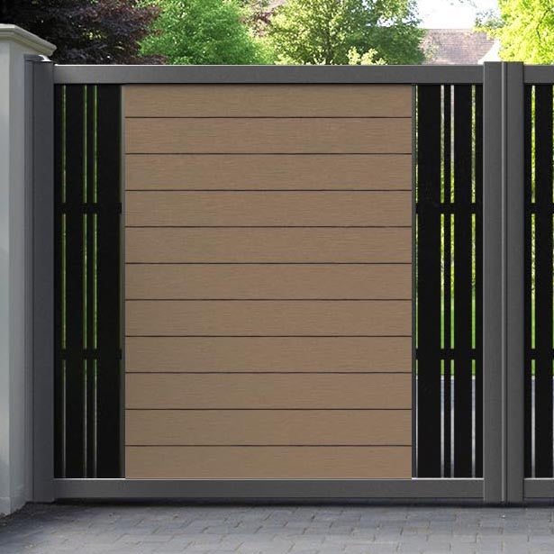 Fusion Linea Straight Top Driveway Gate - Teak - Middle & End Screen