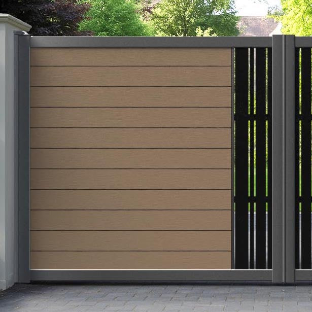 Fusion Linea Straight Top Driveway Gate - Teak - Middle Screen