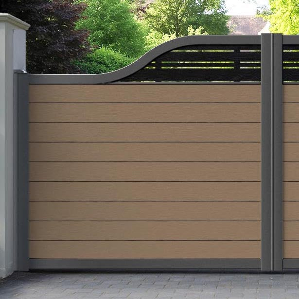 Fusion Linea Curved Top Driveway Gate - Teak - Top Screen