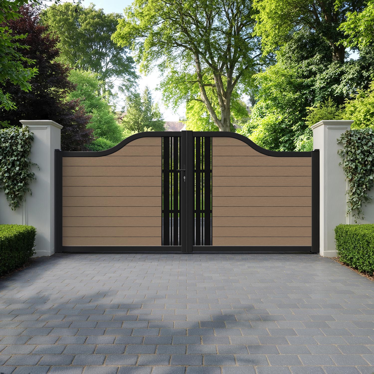 Fusion Linea Curved Top Driveway Gate - Teak - Middle Screen
