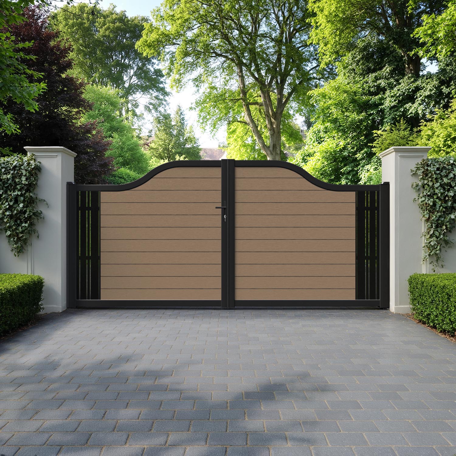 Fusion Linea Curved Top Driveway Gate - Teak - End Screen