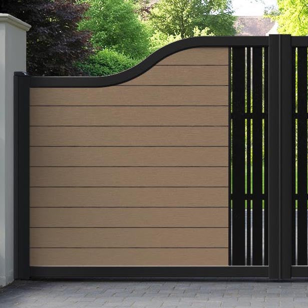 Fusion Linea Curved Top Driveway Gate - Teak - Middle Screen