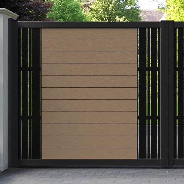 Fusion Linea Straight Top Driveway Gate - Teak - Middle & End Screen