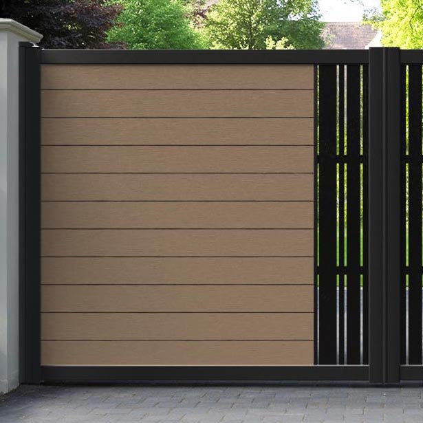 Fusion Linea Straight Top Driveway Gate - Teak - Middle Screen