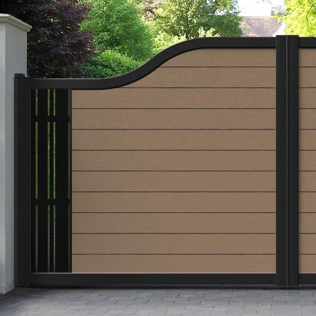 Fusion Linea Curved Top Driveway Gate - Teak - End Screen