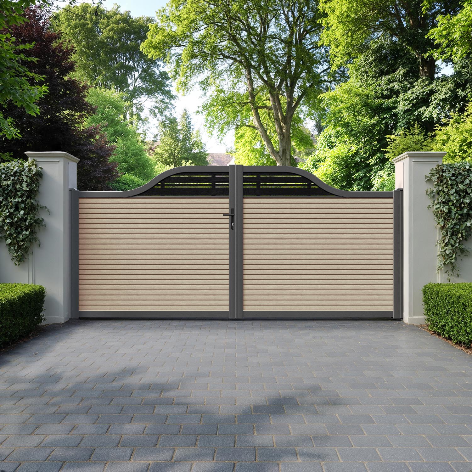 Hudson Linea Curved Top Driveway Gate - Light Oak- Top Screen