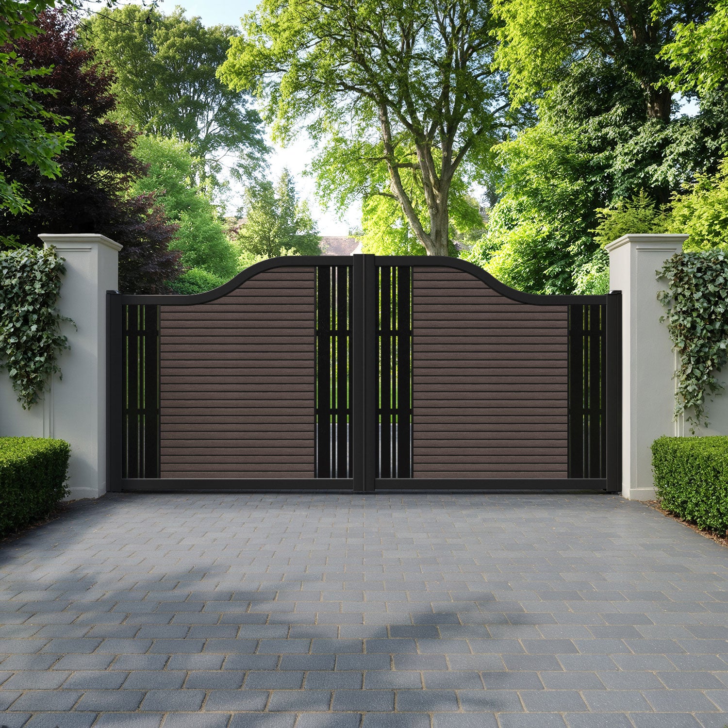 Hudson Linea Curved Top Driveway Gate - Mid Brown - Middle & End Screen