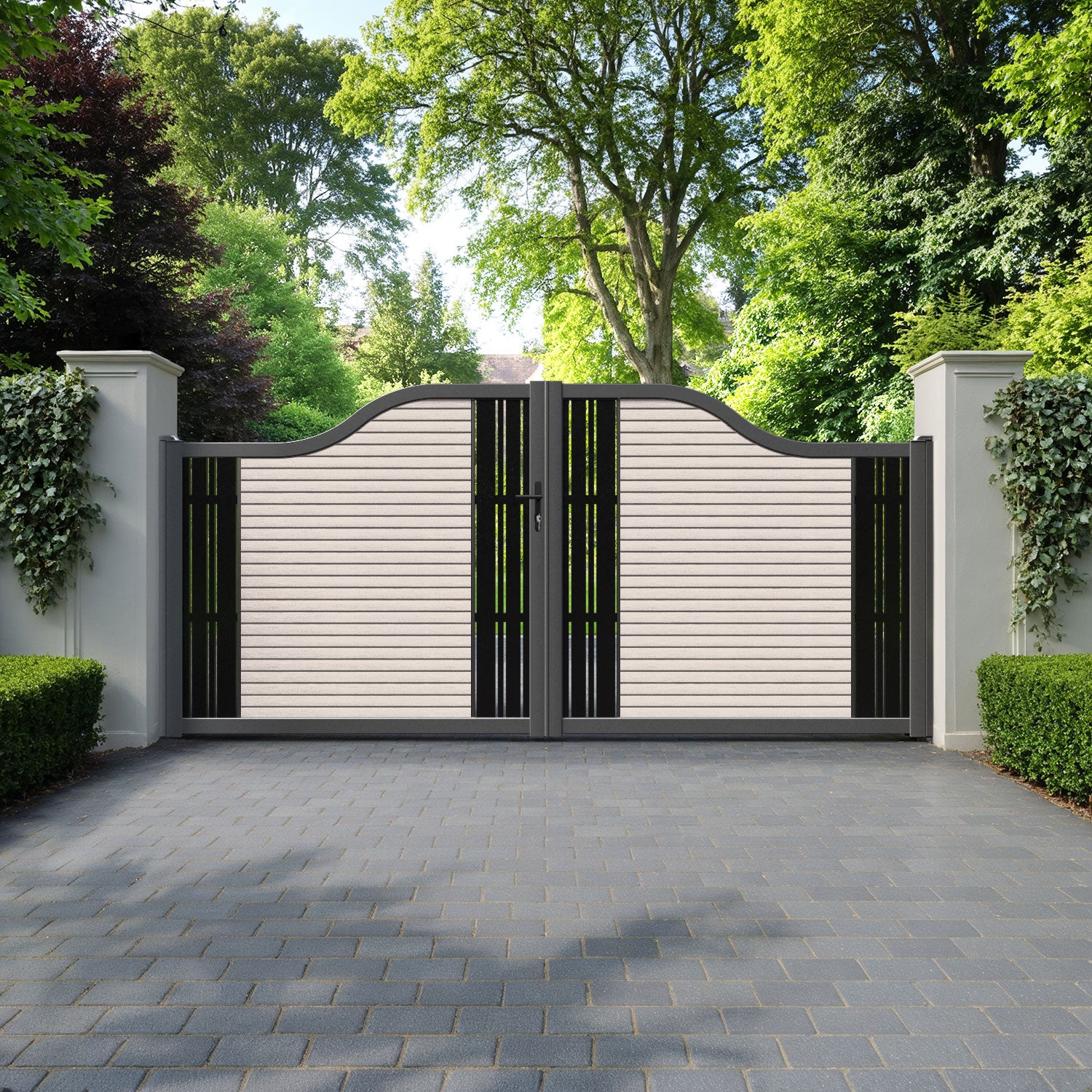 Hudson Linea Curved Top Driveway Gate - Mid Stone - Middle & End Screen