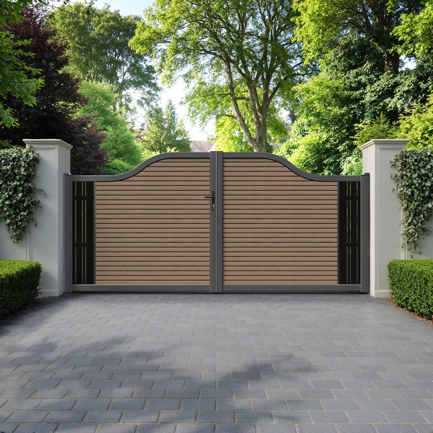 Hudson Linea Curved Top Driveway Gate - Teak - End Screen