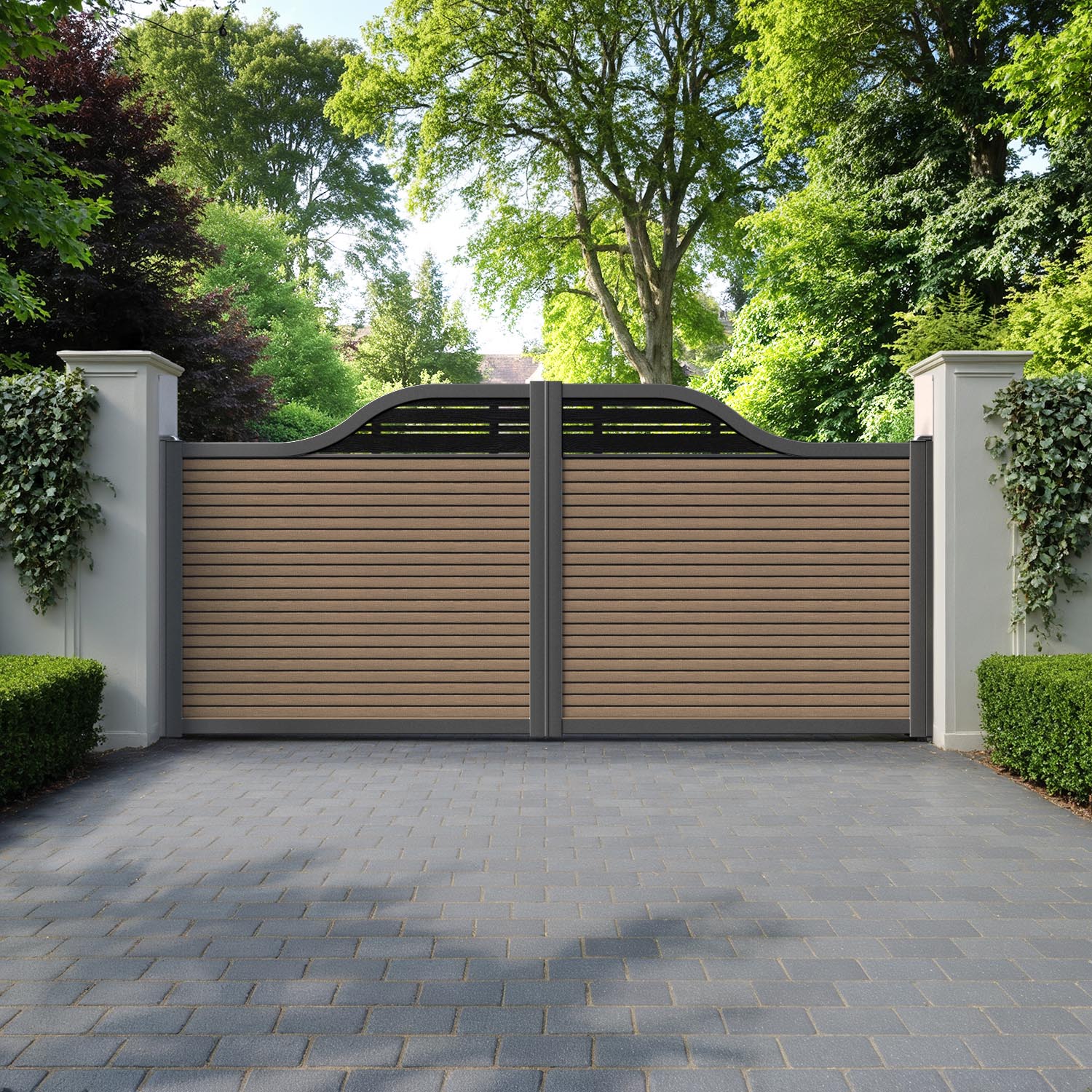 Hudson Linea Curved Top Driveway Gate - Teak - Top Screen