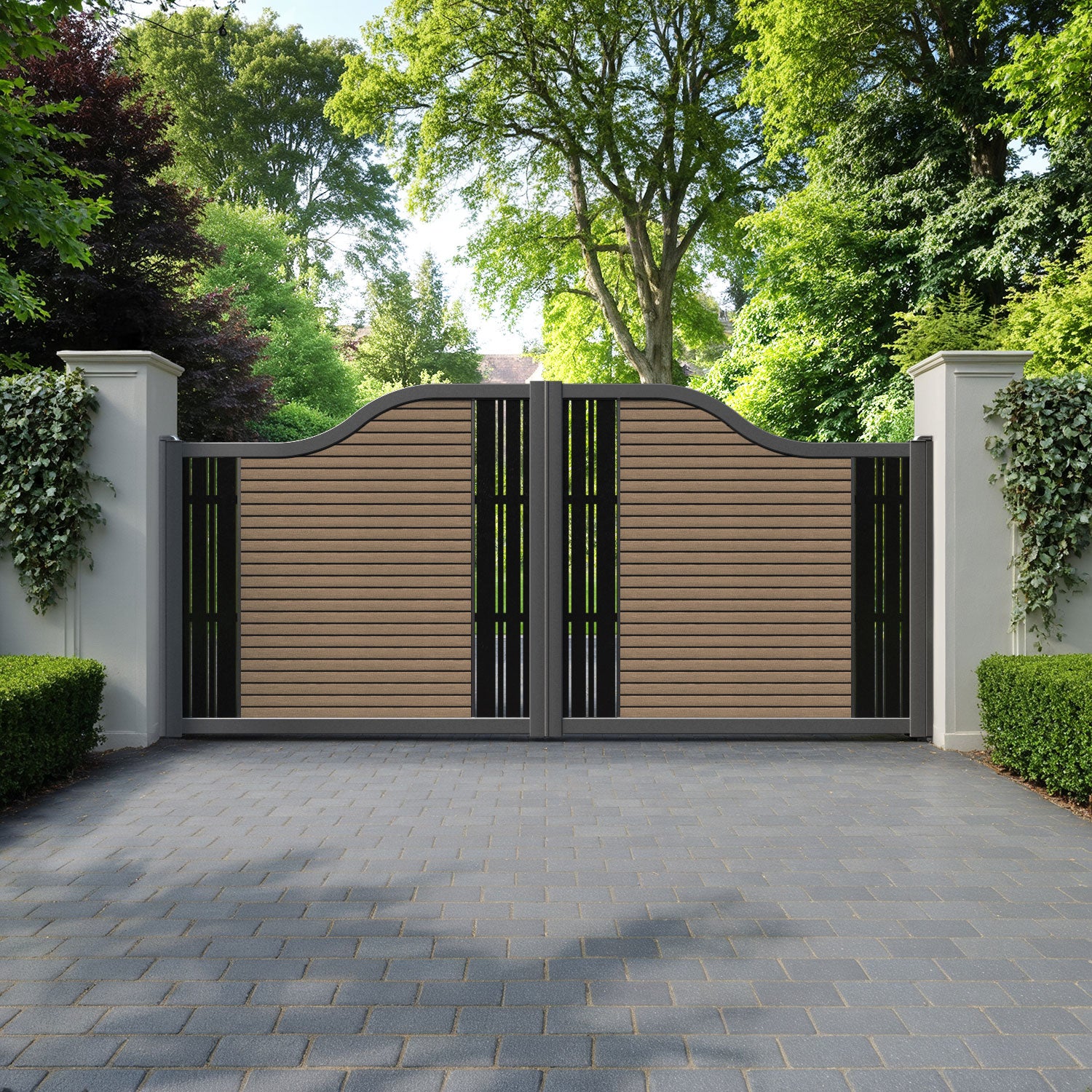 Hudson Linea Curved Top Driveway Gate - Teak - Middle & End Screen