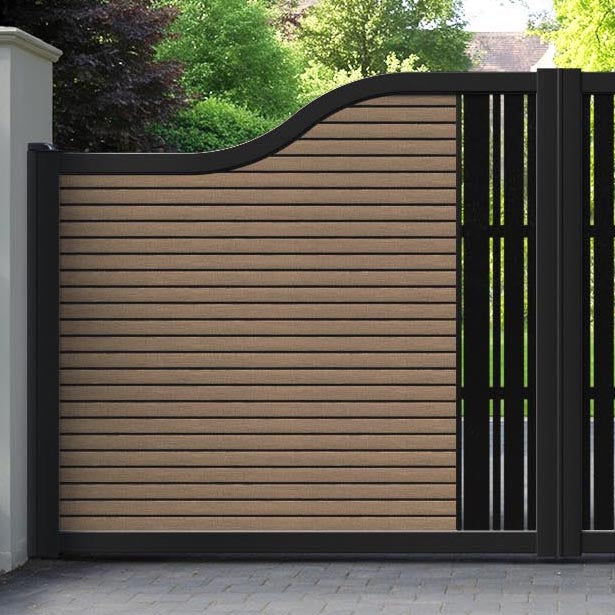 Hudson Linea Curved Top Driveway Gate - Teak - Middle Screen