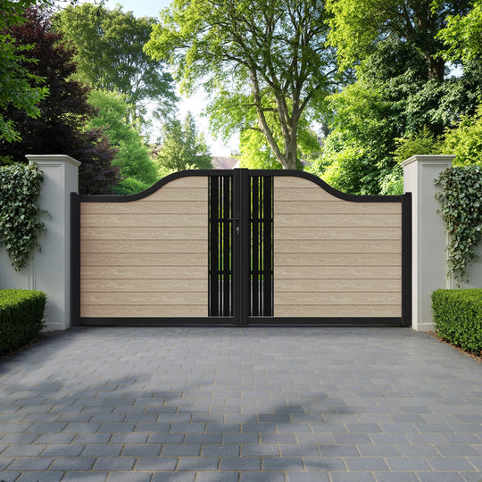 Classic Linea Curved Top Driveway Gate - Light Oak - Middle Screen