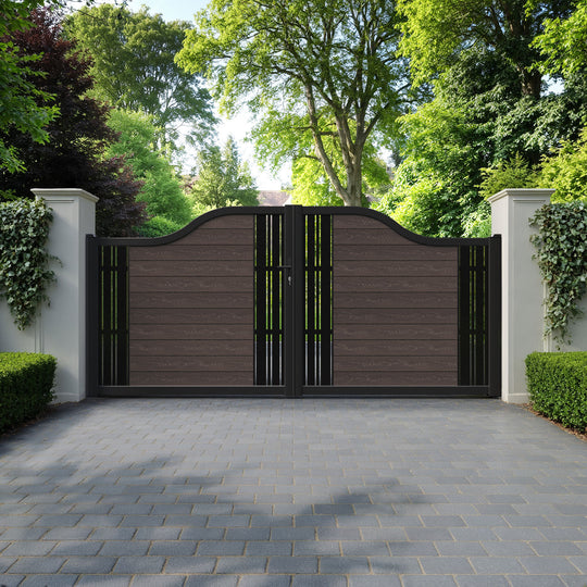 Classic Linea Curved Top Driveway Gate - Mid Brown - Middle & End Screen