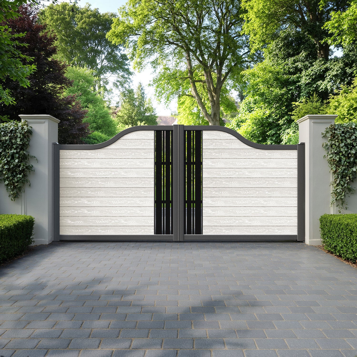 Classic Linea Curved Top Driveway Gate - Light Stone - Middle Screen