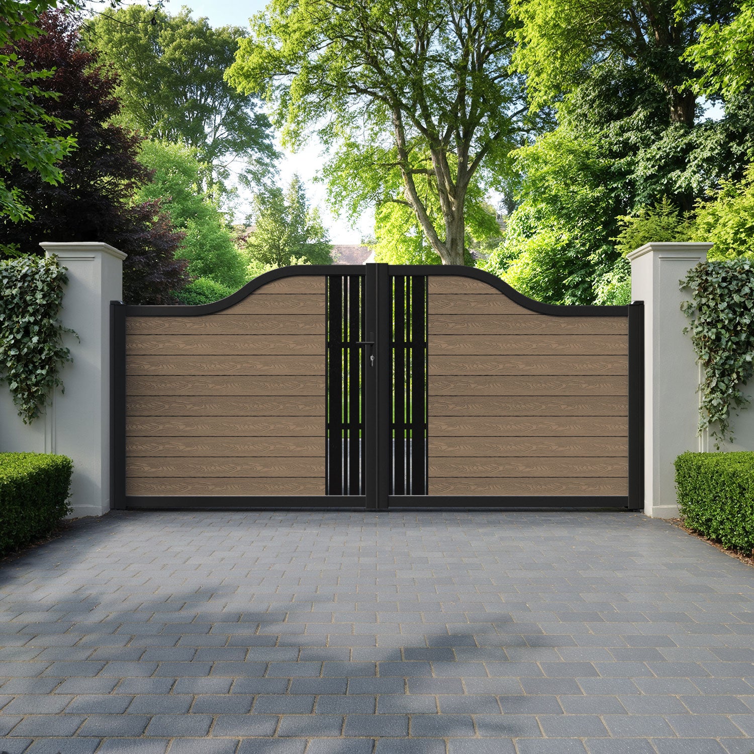 Classic Linea Curved Top Driveway Gate - Teak -  Middle Screen
