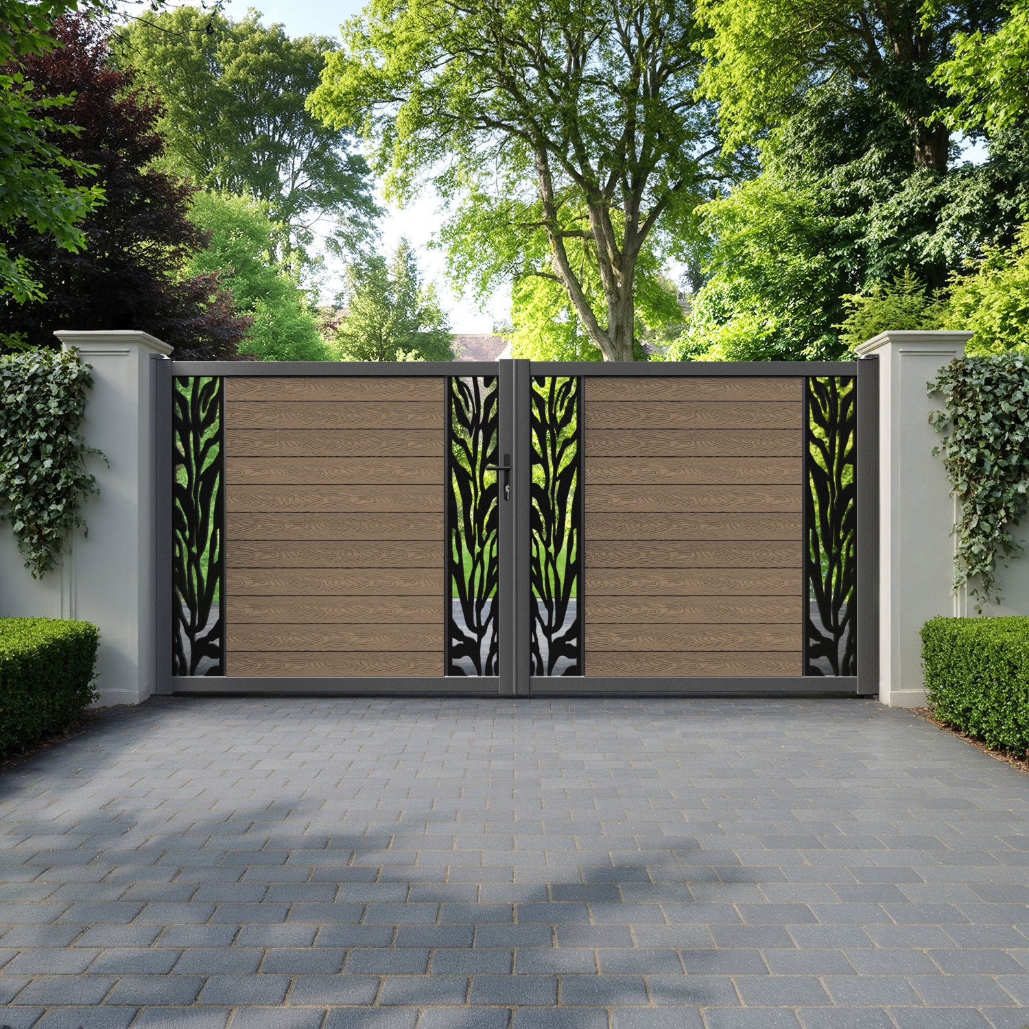 Classic Malawi Straight Top Driveway Gate - Teak - Middle & End Screen