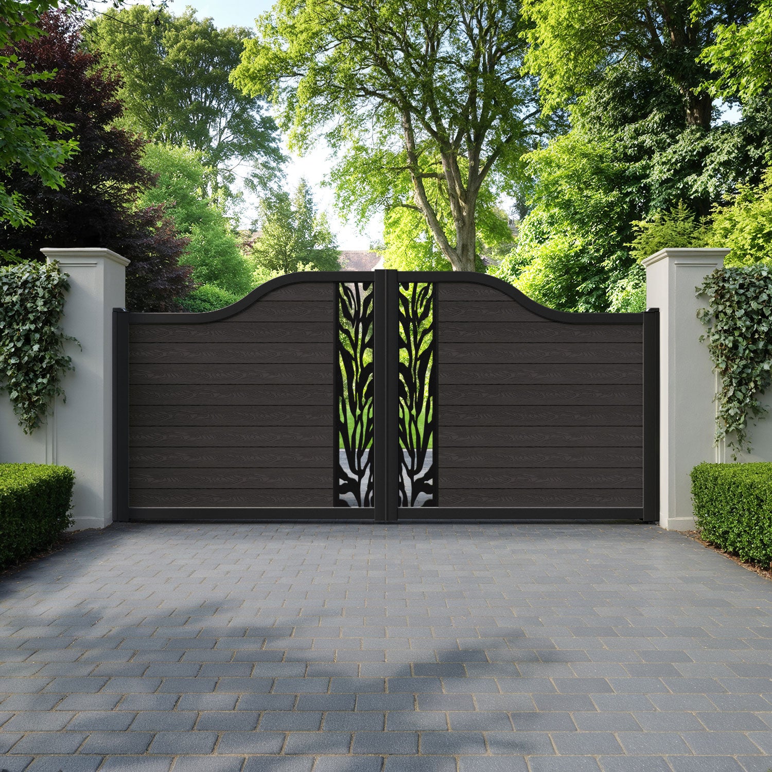 Classic Malawi Curved Top Driveway Gate - Dark Oak - Middle Screen